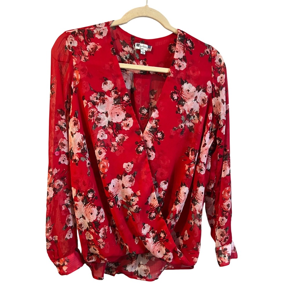 KUT from the Kloth Red Floral Surplice‎ Wrap V-Neck Blouse Medium Made in USA